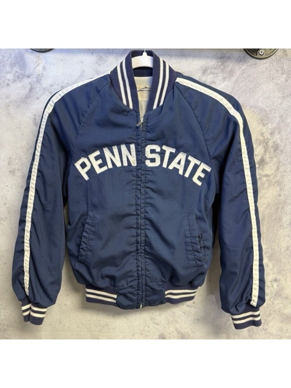 Vintage Penn State Jacket Youth M L 17x20 Pyramid USA Made 80s Blue Bomber Tag 1